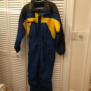 Obermeyer teenager blue and yellow overall, full body overall, with tuckable hoo